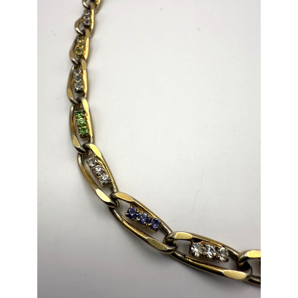 Vintage Gold Tone Multi Color Rhinestone Link Necklace 22 Inch Fold Over Clasp